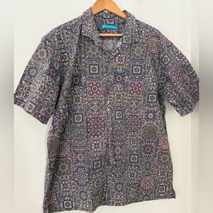 TORI RICHARD Men XL Hawaii Medallion Patchwork Button Up Camp Shirt SS Purple